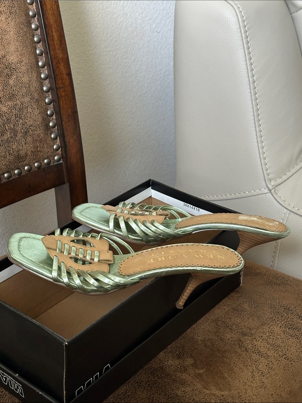 New York Transit Metallic Mint and Tan Slide Mules - Picture 6 of 12